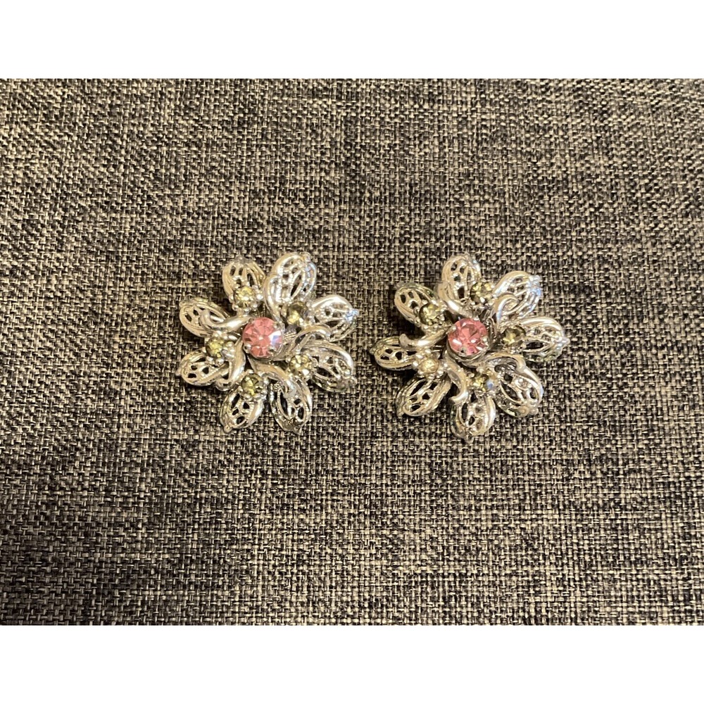 Vintage Flower Clip-On Earrings Pink Green Rhinestone Silver Tone Snowflake